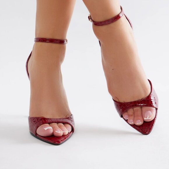 New Glossy Red Crocodile-Embossed Stiletto High Heel Sandal Ankle Strap Open Toe - Picture 4 of 5